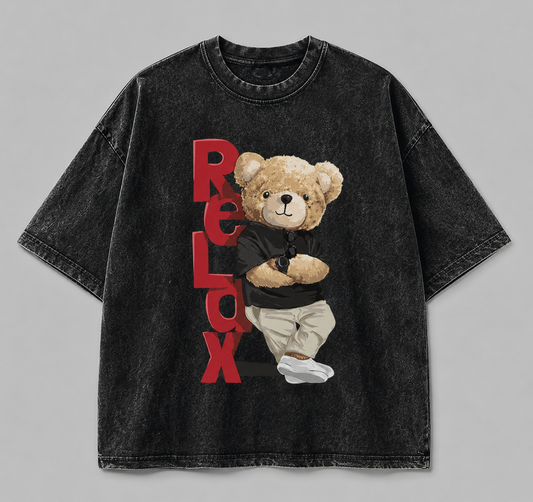 Vintage Black Oversized Teddy Bear Graphic T-Shirt – Relax Streetwear Tee
