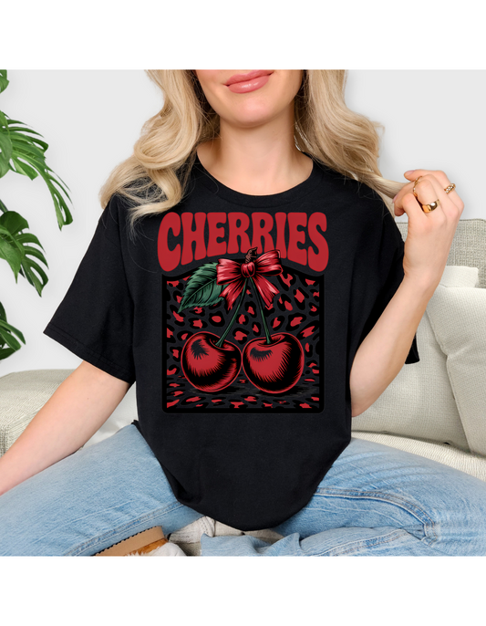 Retro Cherries Graphic Tee, Leopard Cherry Shirt, Cute Coquette Bow T-Shirt, Vintage Aesthetic Oversized Tee, Trendy Women’s Graphic Shirt