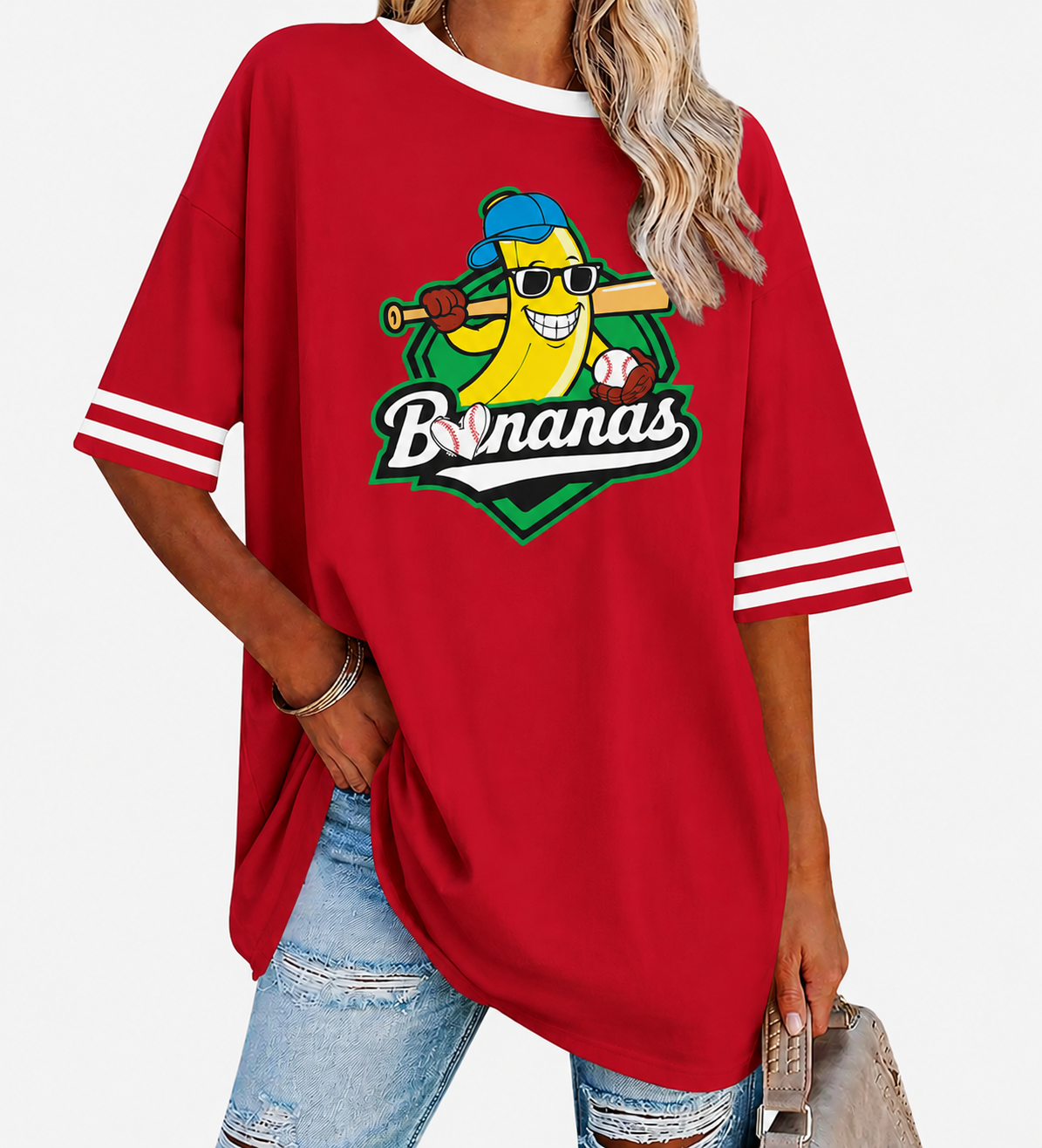 Bananas Baseball Oversized T-Shirt Women’s Funny Sports Graphic Tee Casual Streetwear Shirt