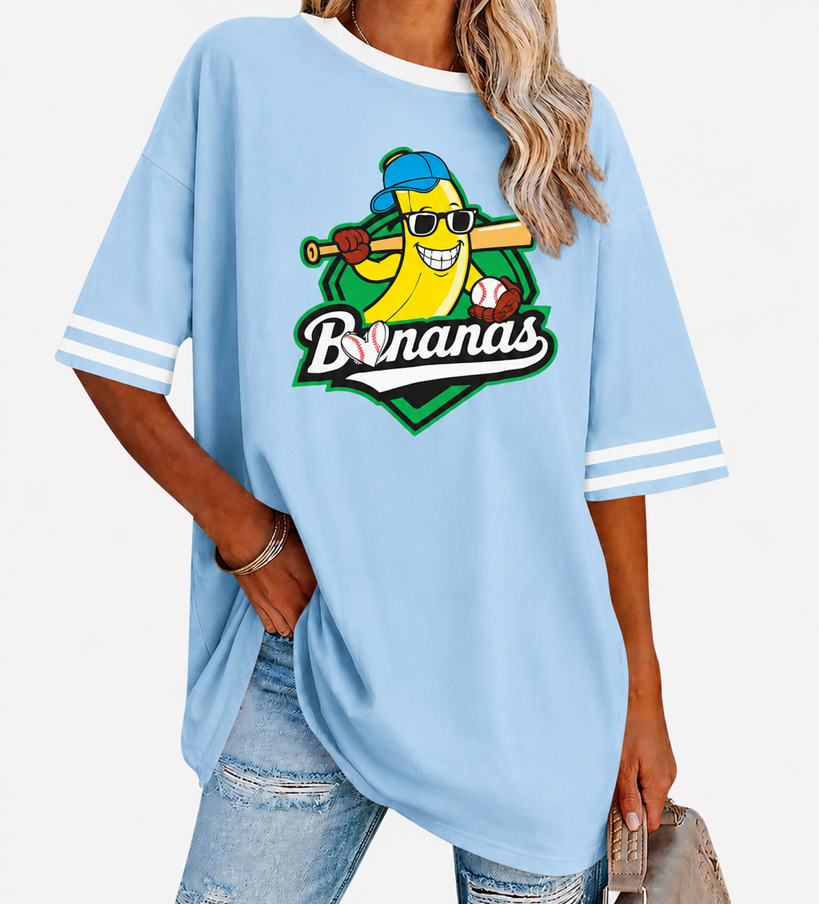 Bananas Baseball Oversized T-Shirt Women’s Funny Sports Graphic Tee Casual Streetwear Shirt
