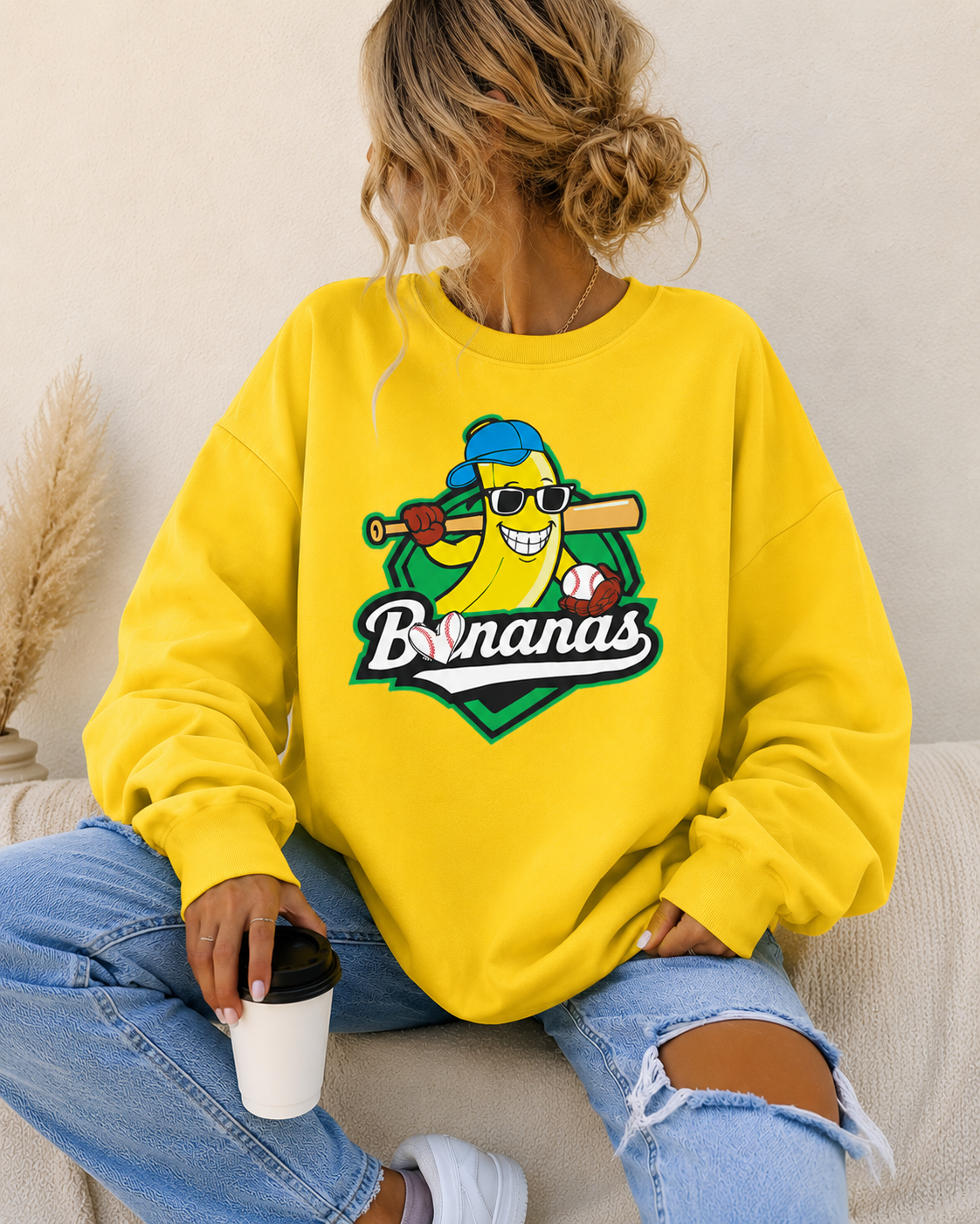 Bananas Oversized Sweatshirt Women’s Funny Baseball Graphic Crewneck Casual Streetwear Pullover