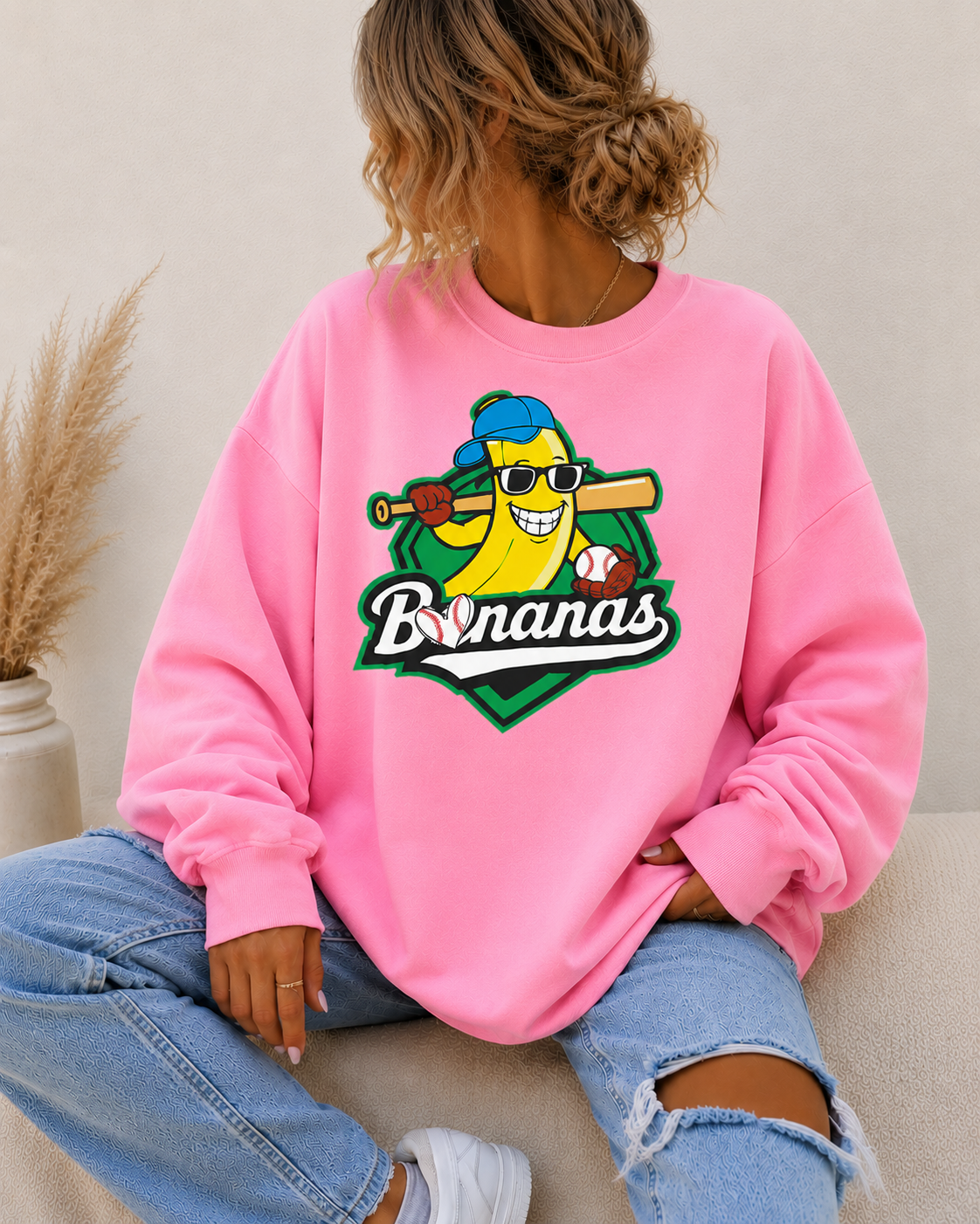 Bananas Oversized Sweatshirt Women’s Funny Baseball Graphic Crewneck Casual Streetwear Pullover